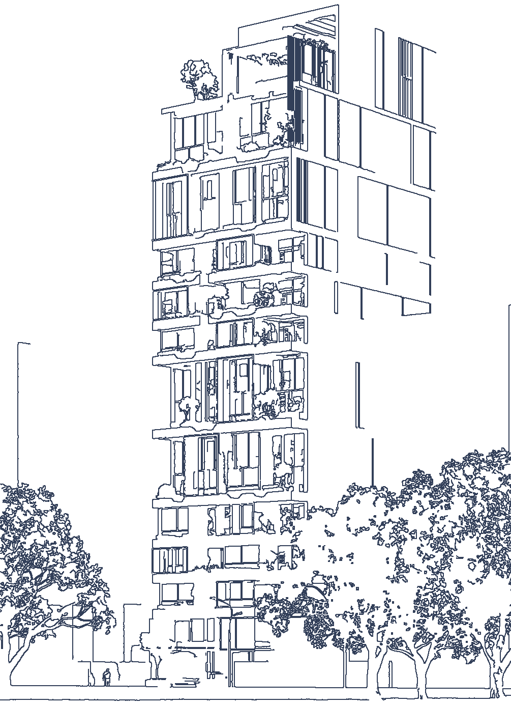 Rail Heights — architectural line drawing of the tower over Mar Mikhael