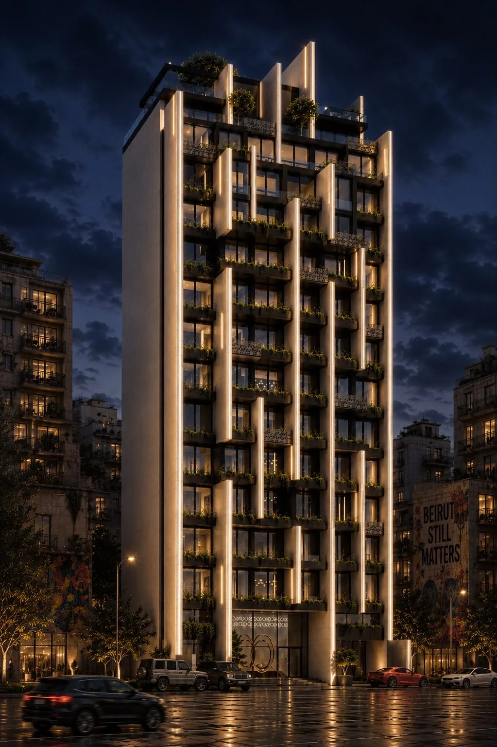 LYV — the facade lit at night