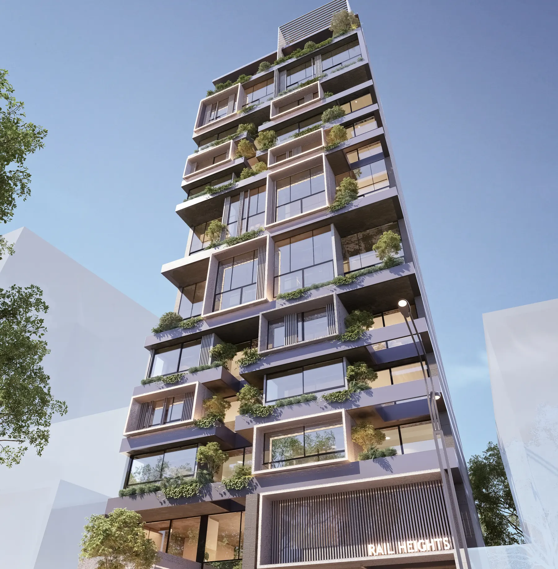 Rail Heights — cascading planted balconies on the tower